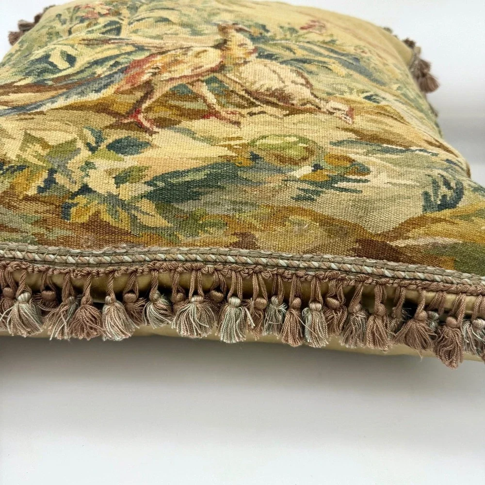 Vintage Handwoven Aubusson Pillow Cover 24x24 Wool Pheasant Floral Gold Fringe